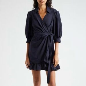 Cinq à Sept Navy Wrap Mini Dress Puff Sleeve Tie Waist Ruffle Hem 8